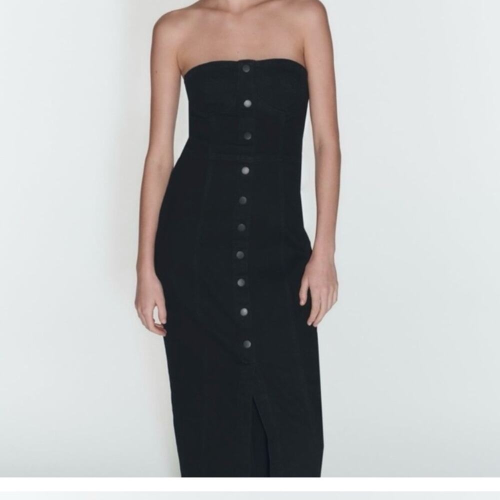 Zara feminine minimalist Black Denim Strapless button down Bustier pencil Dress